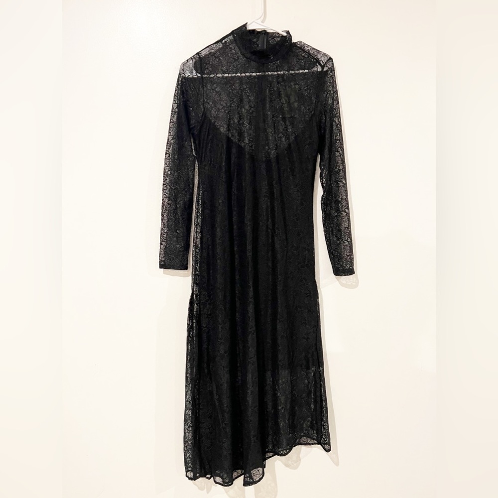 NWT All Saints Hanna Lace Black Asymmetrical Mock Neck Midi Dress Size US 8 - Picture 8 of 16